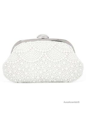 Pearl Beaded Evening Clutch for Wedding Bridal Rectangular Handbag with Chain